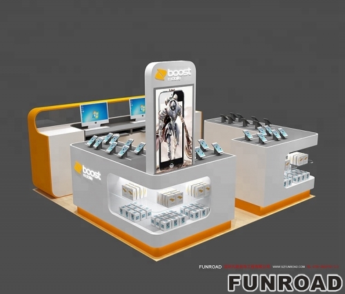 Shopping centre mobile phone accessory kiosk design with retail store display stand