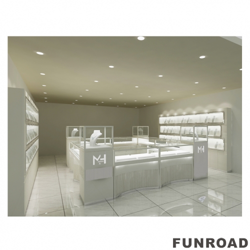 Funroad Luxury White Jewelry Store Display Showcase Wall Display Mount Glass Display Cabinets For Jewelry Store