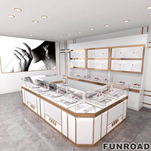 Funroad Custom Glass Jewellery Display Cabinet Trendy Stainless Steel Furniture Led Lighting Wooden Lockable Jewelry Shop Showcase