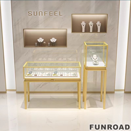 Funroad High End Jewelry Showcase Modern Metal Stainless Steel Jewelry Display Cabinet Custom Curved Glass Jewelry Display Counter