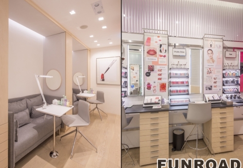 Customized wooden display shelf and cabinet with LED lights and acrylic stand for cosmetics shop